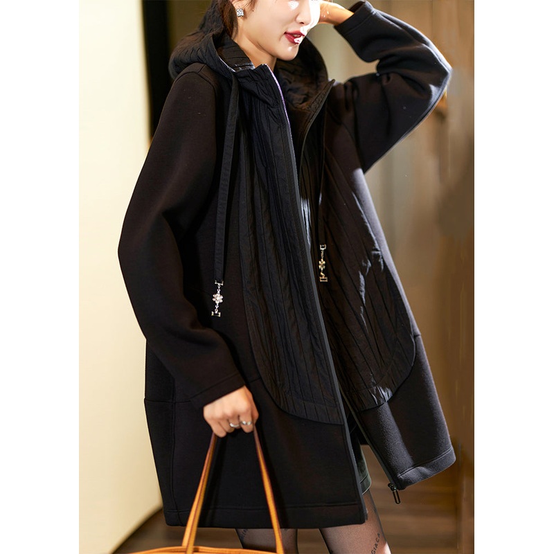 Loose Black Hooded Zippered Patchwork Thick Coats Spring
