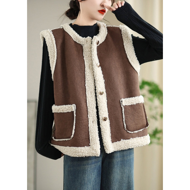 Loose Coffee Button Pockets Patchwork Teddy Faux Fur Waistcoat Sleeveless