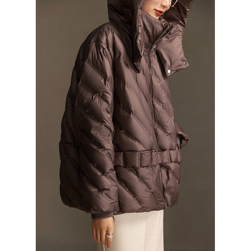 Loose Coffee Hooded Zippered Drawstring Duck Down Coats Winter
