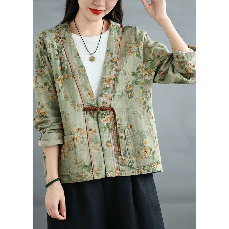Loose Green Chinese Button Print Cotton Coat Fall