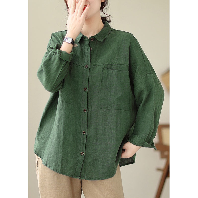 Loose Green Patchwork Button Pockets Shirts Long Sleeve