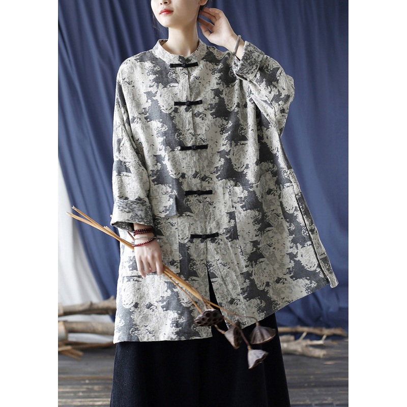 Loose Grey Button Print Pockets Cotton Coats Long Sleeve