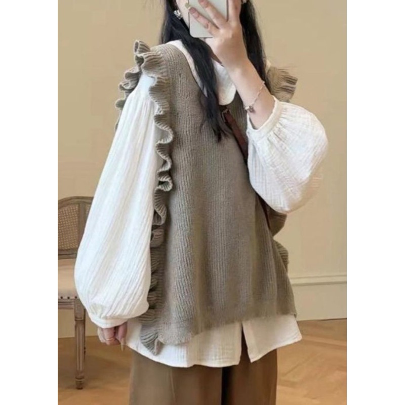 Loose Grey Ruffled Knit Vest And Shirts Two Pieces Set Spring