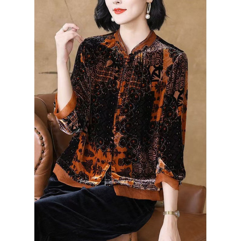 Loose Orange Stand Collar Patchwork Silk Velour Blouses Bracelet Sleeve