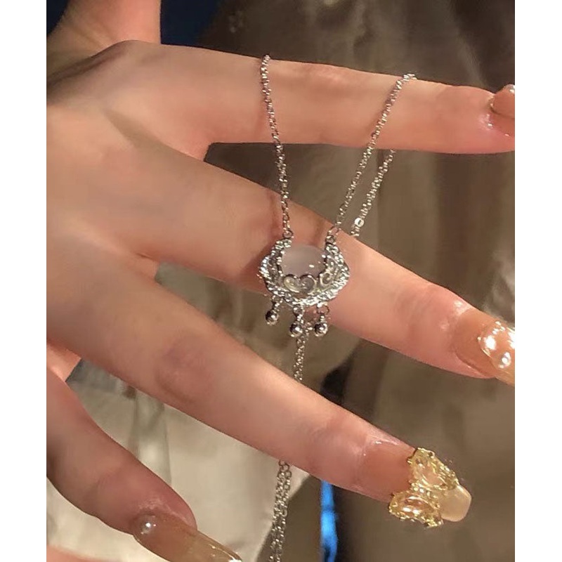 Loose Silk Stainless Steel Jade Ruyi Small Bell Pendant Necklace