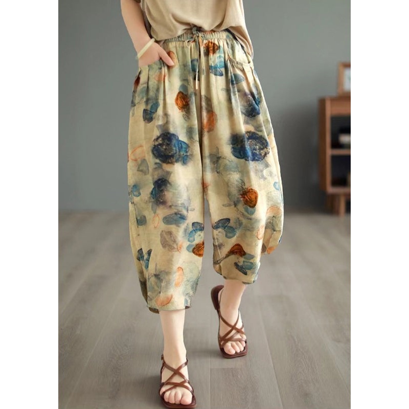 Modern Khaki Print Tie Waist Pockets Ice Silk Crop Pants