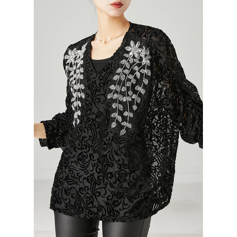 Natural Black Embroidered Jacquard Tulle Shirt Tops Spring