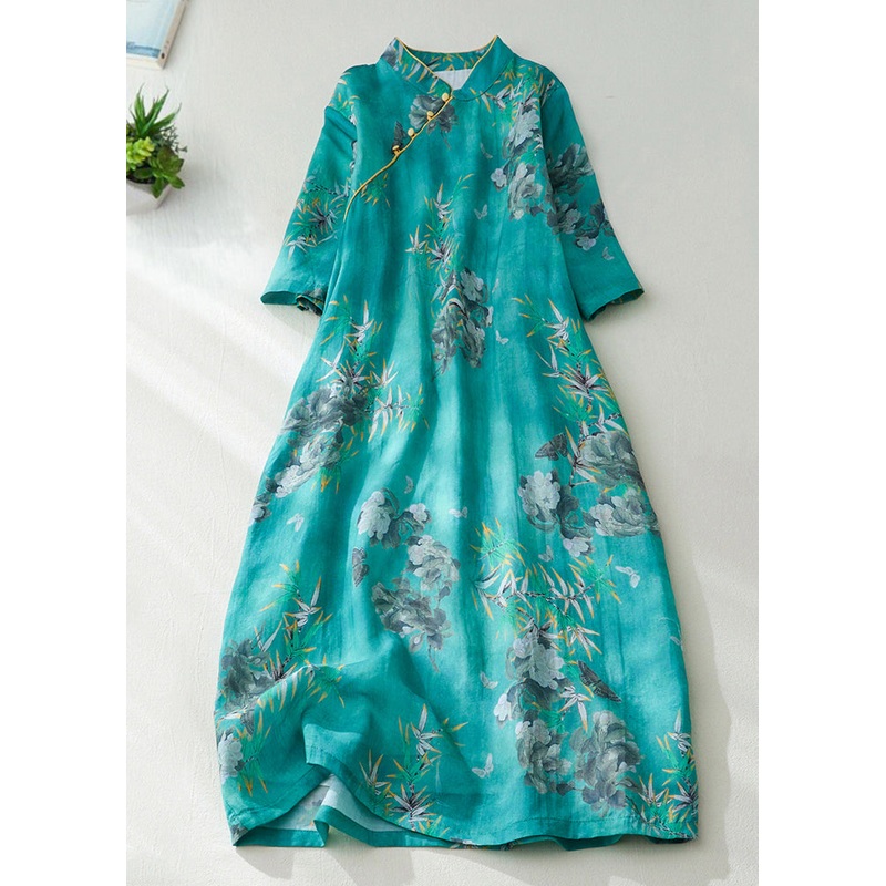 Natural Green Stand Collar Print Button Long Dress Short Sleeve