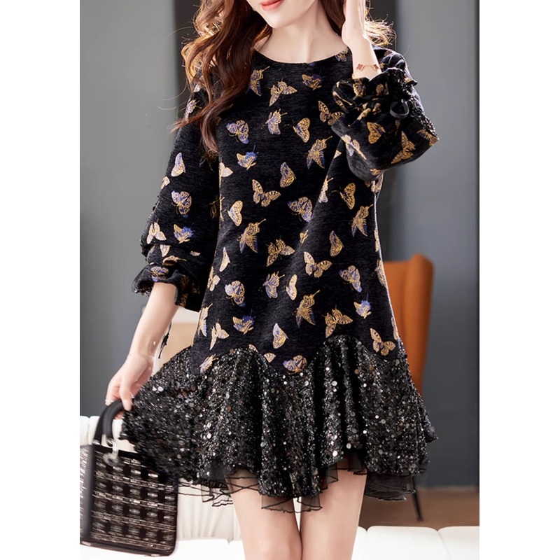 New Black Butterfly Sequins Tulle Patchwork Mid Dress Butterfly Sleeve