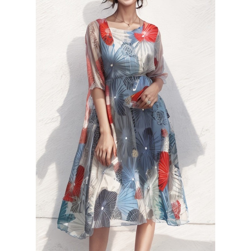 New Blue Square Collar Print Silk Dresses Summer