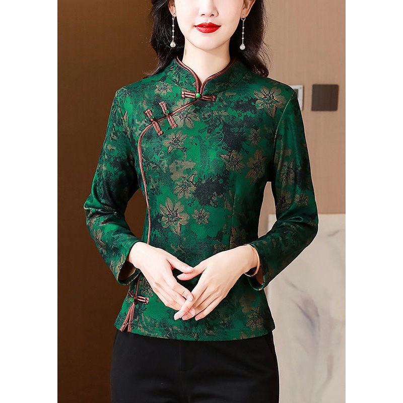 New Green Button Print Warm Fleece Shirts Long Sleeve