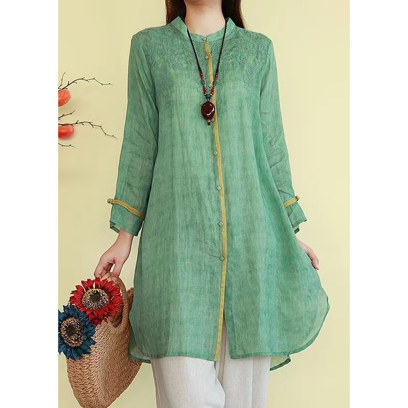 New Green Stand Collar Embroidered Button Linen Shirt Spring