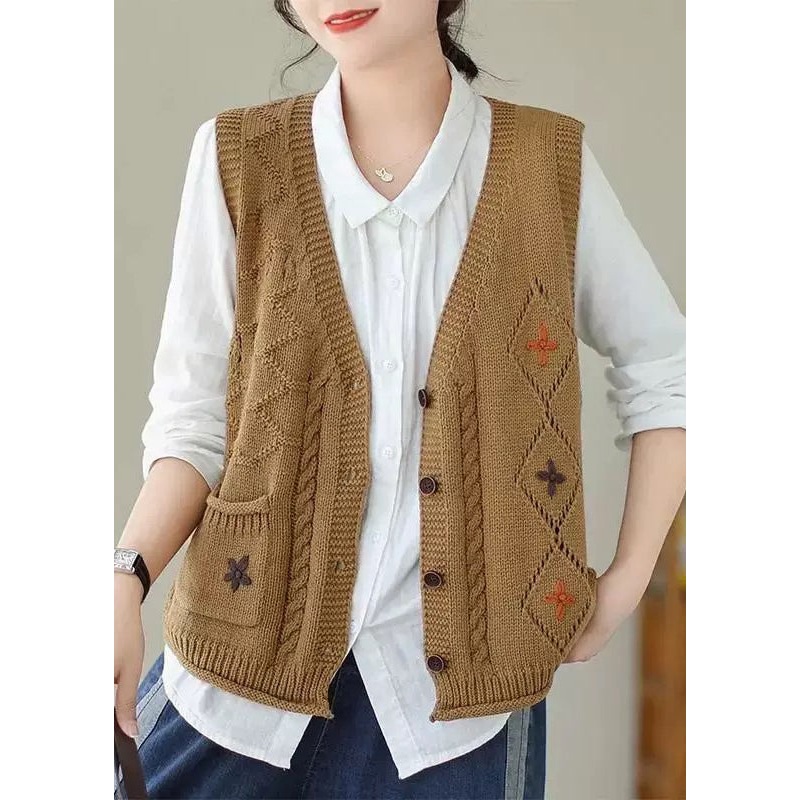 New Khaki V Neck Embroideried Knit Vest Sleeveless