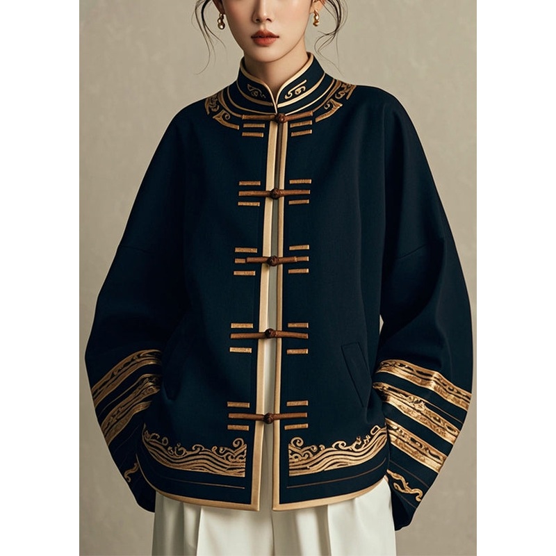 New Navy Stand Collar Chinese Button Cotton Coat Fall