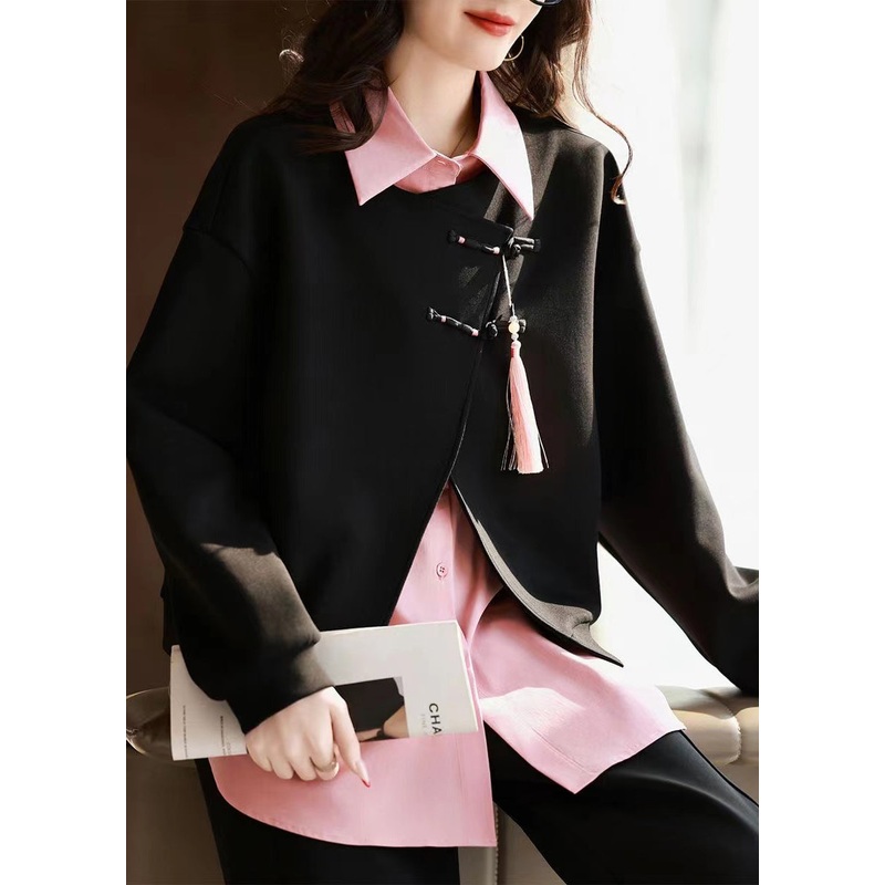 New Retro Black Peter Pan Collar Tassel Patchwork Cotton Shirt Fall