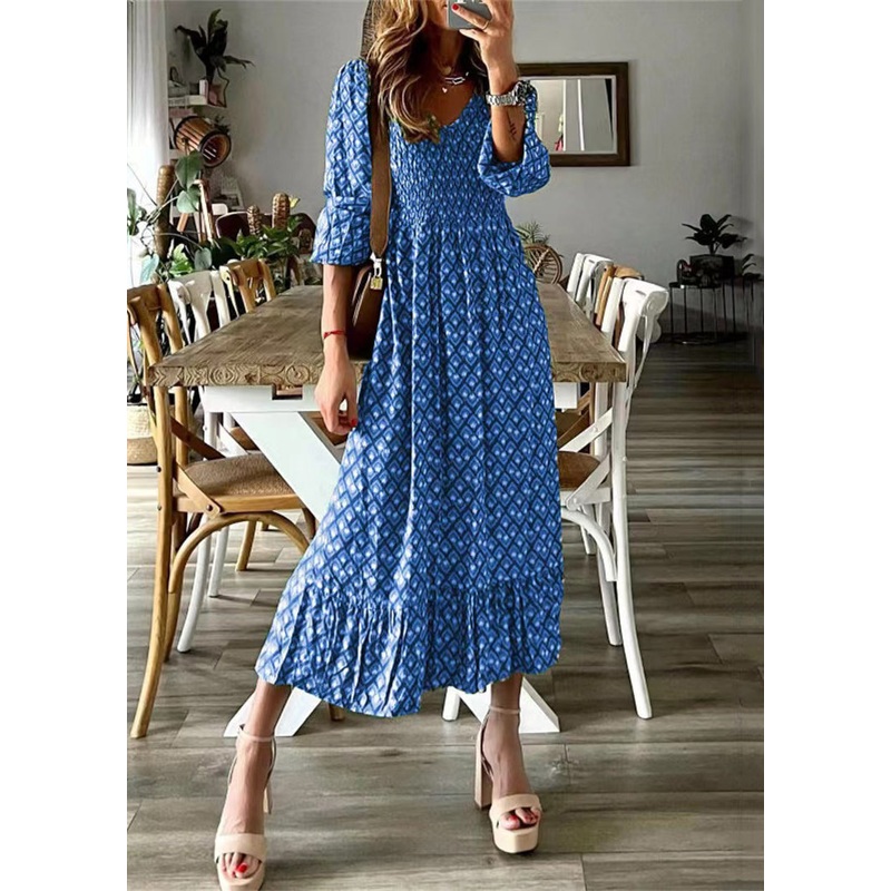 Novelty Blue V Neck Print High Waist Long Dresses Fall