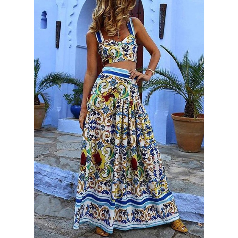 Novelty Multi Print High Waist Cotton Two Pieces Set Sleeveless