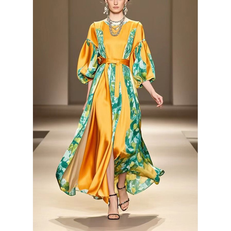 Orange Patchwork Silk Vacation Dresses Exra Large Hem Bracelet Sleeve