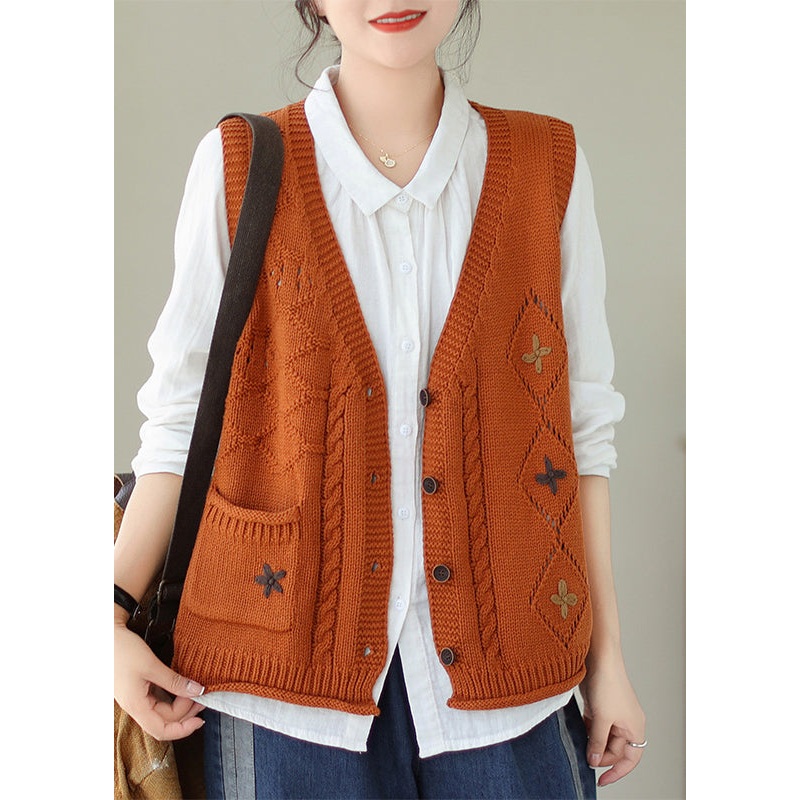 Orange Pockets Knit Vest V Neck Embroideried Fall