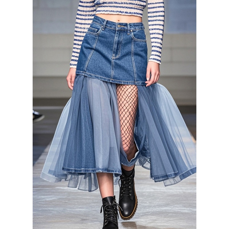 Organic Blue Asymmetrical Patchwork Tulle Denim Skirts Summer