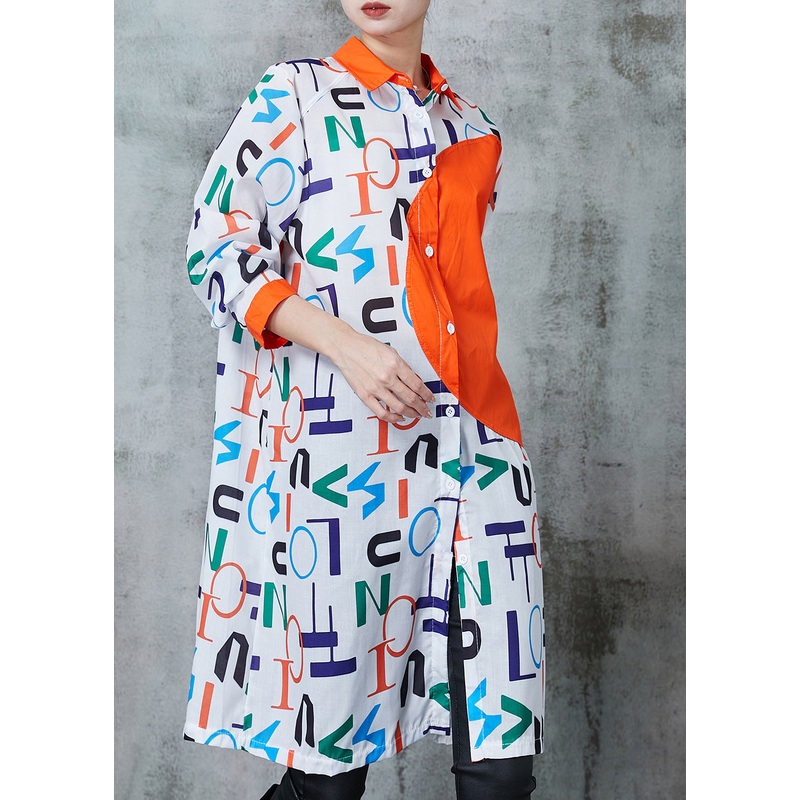 Original Desig Orange Print Cotton Loose Shirt Dress Summer