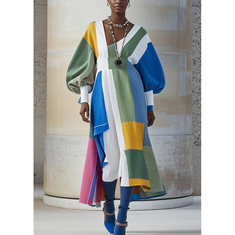 Original Design Multicolor Asymmetrical Patchwork Cotton Holiday Dress Lantern Sleeve