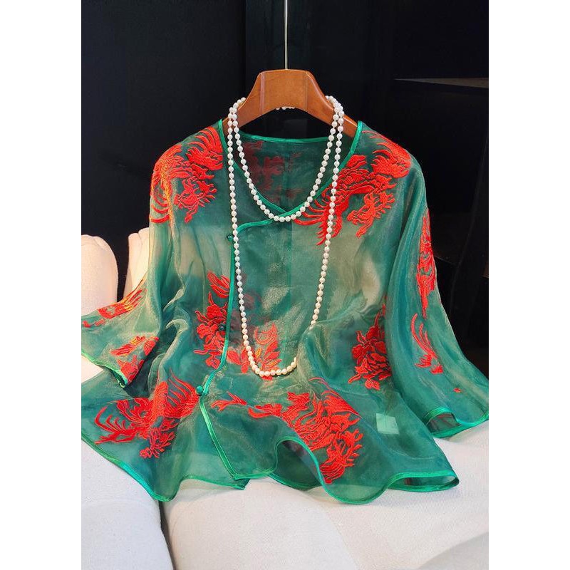 Original Vintage Green Embroidered Silk Blouses Long Sleeve