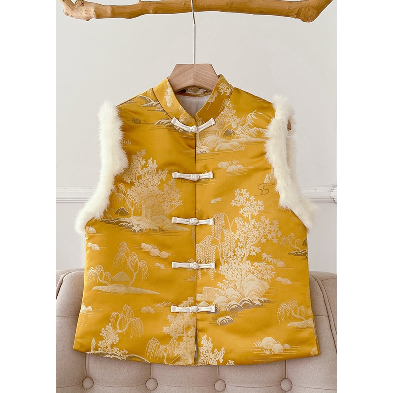 Original Yellow Button Fluffy Silk Sleeveless Waistcoat Stand Collar