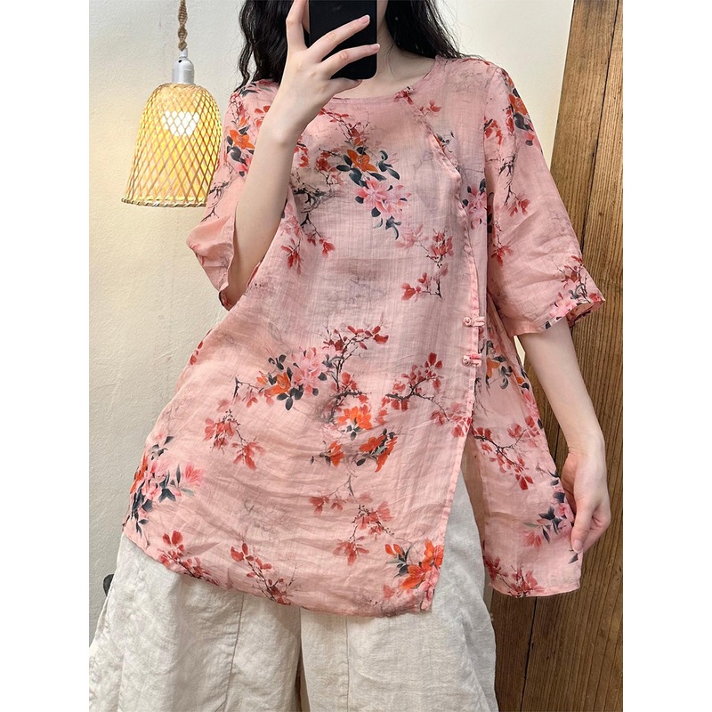 Pink Vintage Flower Split Hem Ramie Shirt Half Sleeve