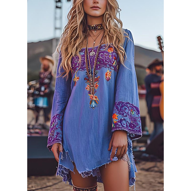 Plus Size Casual Square Collar Print Cotton Mid Dress Spring