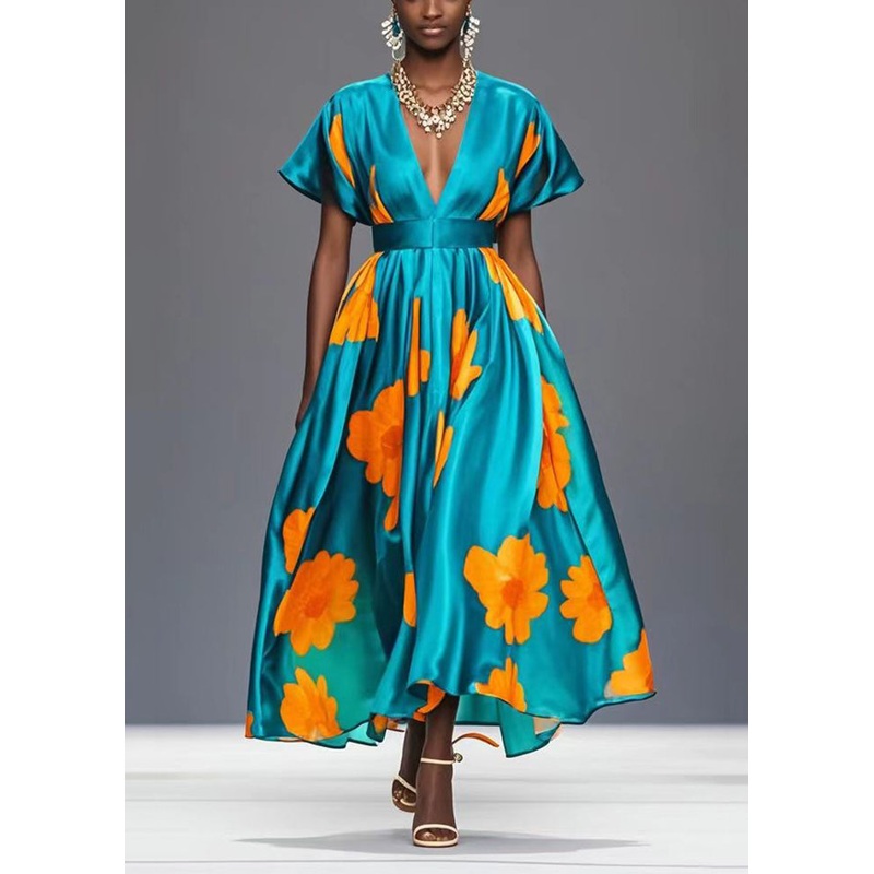 Plus Size Green Cinched Print Exra Large Hem Silk Party Dress Summer