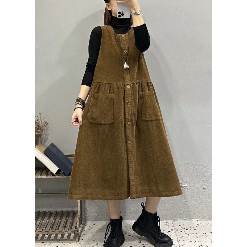 Plus Size Khaki O Neck Button Pockets Corduroy Long Dresses Sleeveless