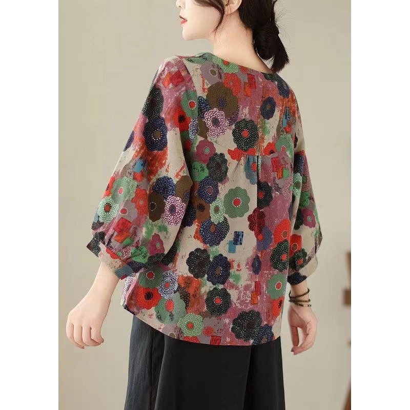 Plus Size Red O Neck Print Cotton T Shirts Top Long Sleeve