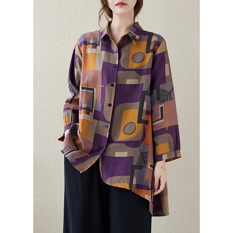 Purple Button Cotton Blouse Top Peter Pan Collar Long Sleeve