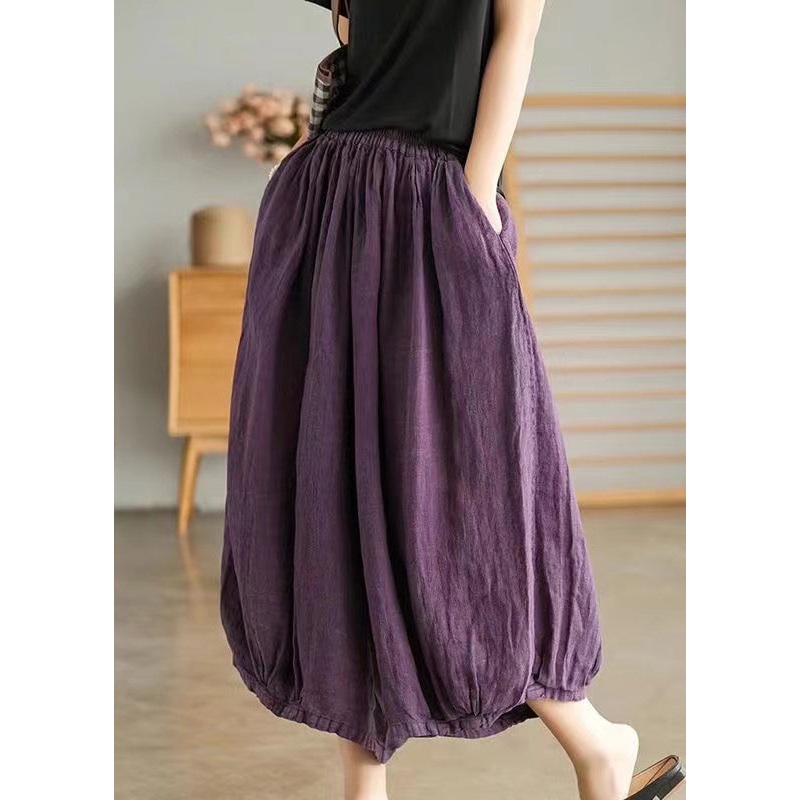 Purple Elastic Waist Linen Wide Leg Pants