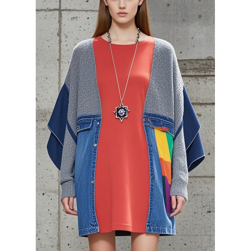 Red Patchwork Denim Knit Fake Two Piece Dress Oversized Fall