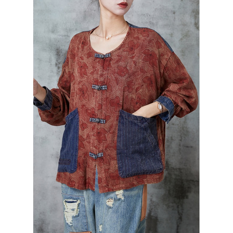 Red Patchwork Linen Oriental Blouses Print Pockets Spring