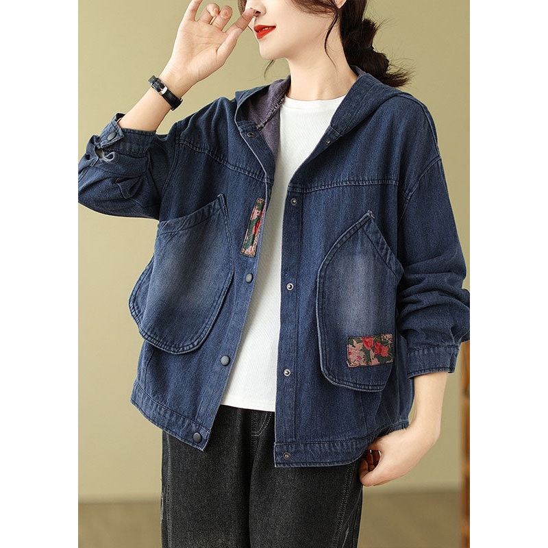 Retro Denim Blue Pockets Print Hooded Coats Fall