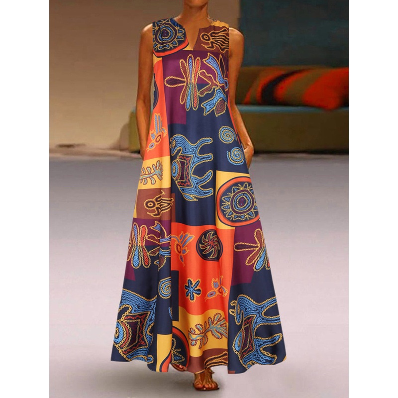 Retro Ethnic Color V Neck Block Maxi Dress Sleeveless
