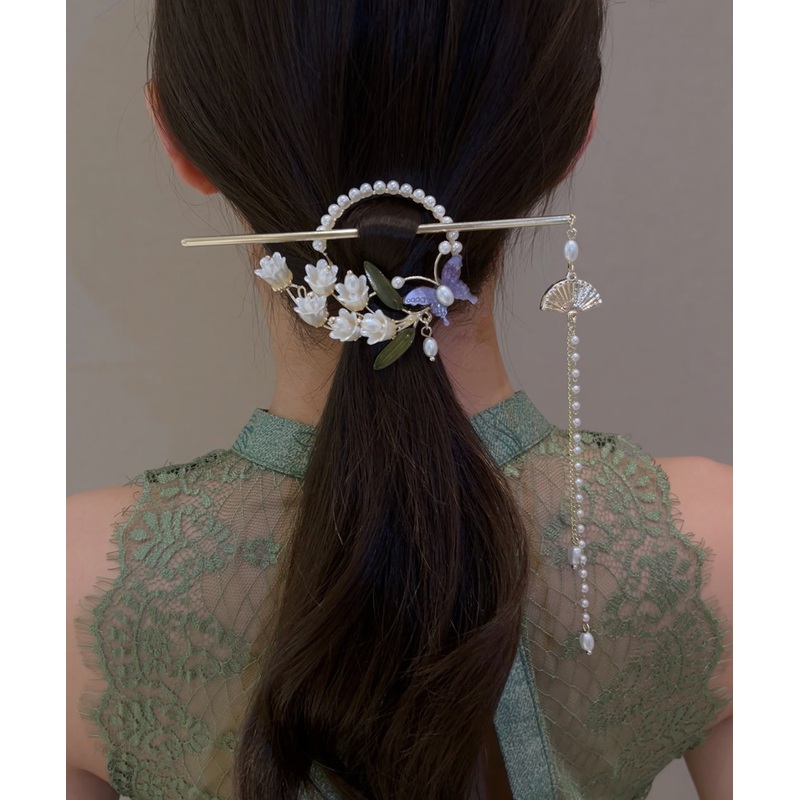Retro White Alloy Pearl Lily Of The Valley Tassel Hairpin
