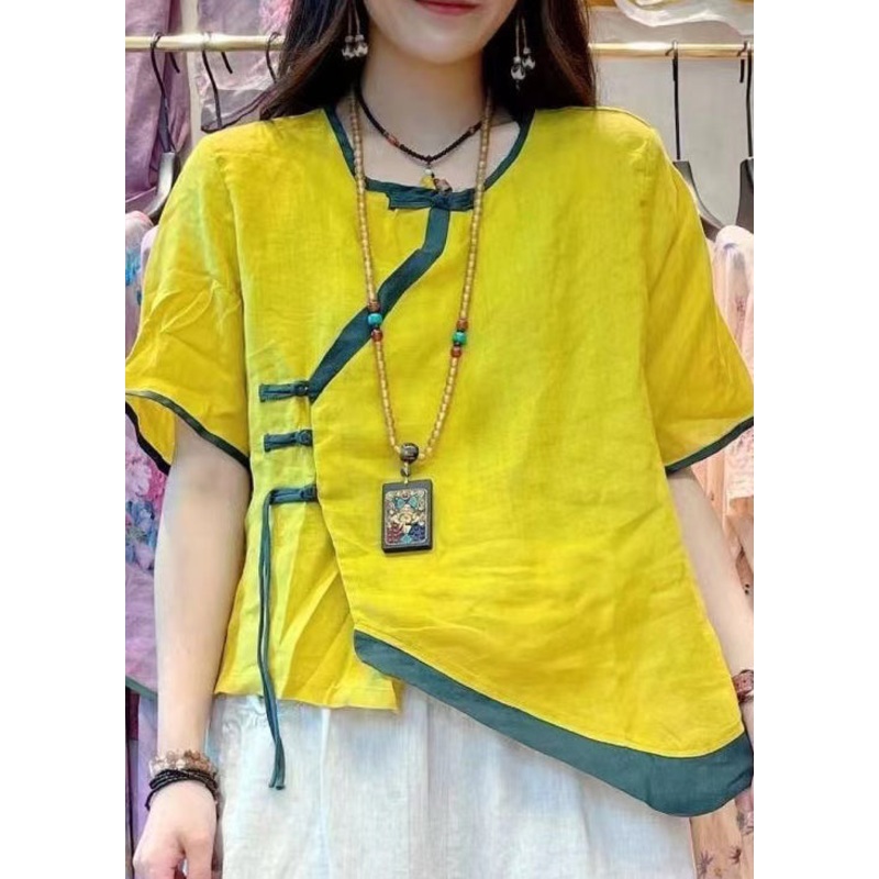 Retro Yellow Chinese Button Asymmetrical Patchwork Linen Tops Summer