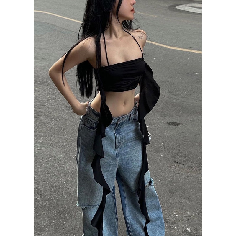 Sexy Black Backless Solid Cotton Spaghetti Strap Tank Sleeveless