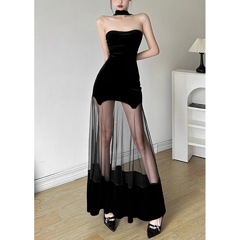 Sexy Black Backless Tulle Patchwork Dress For Summer