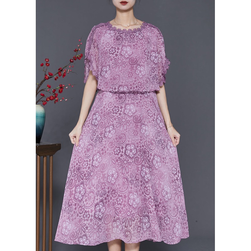 Silm Fit Purple Print Chiffon Fake Two Piece Dresses Summer