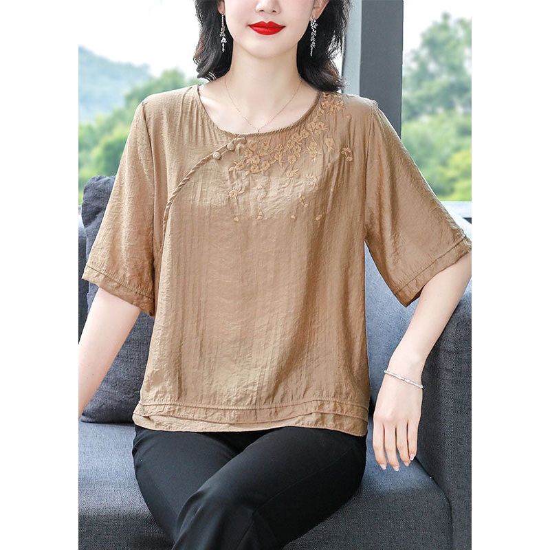 Simple Khaki O Neck Embroidered Cotton Top Summer