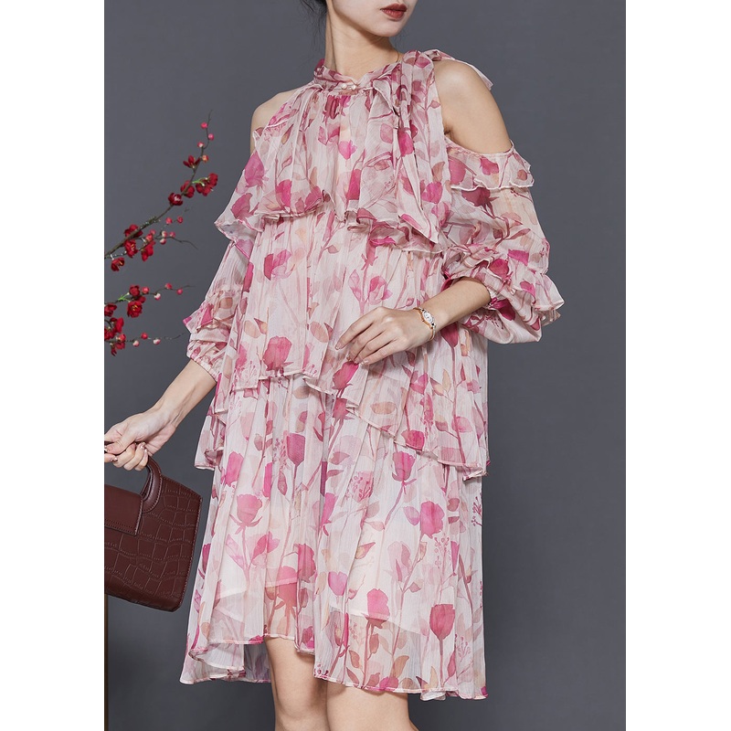 Simple Pink Cold Shoulder Print Chiffon Beach Dress Summer
