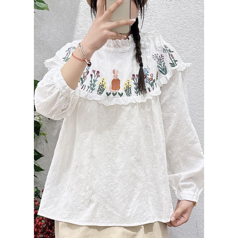 Simple White Embroideried Lace Patchwork Cotton Top Long Sleeve