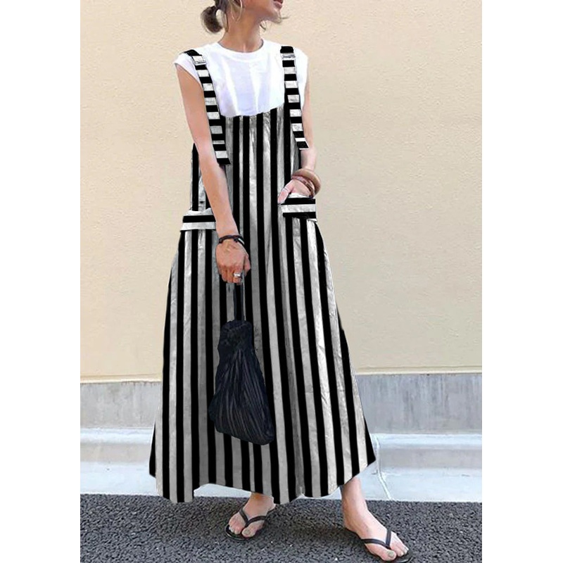 Style Black Strips Oversized Pockets Extra Large Hem Cotton Strap Dresses