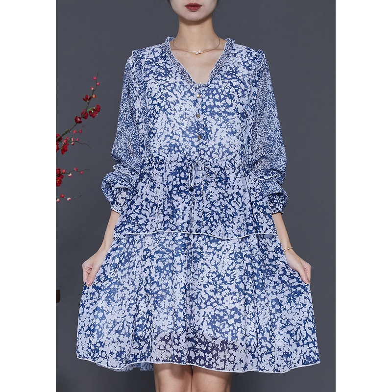 Style Blue Cinched Print Chiffon Vacation Dresses Spring