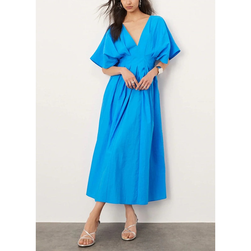 Style Blue Puff Sleeve Wrinkled Cotton Long Dresses